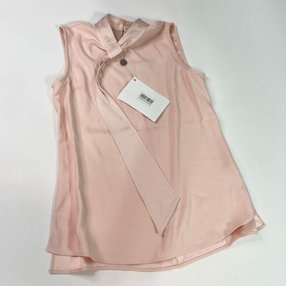 Iris & Ink Blouse Womens 2 Blush Pink Satin Sleeveless Tie Neck Keyhole Back NWT - Picture 2 of 10
